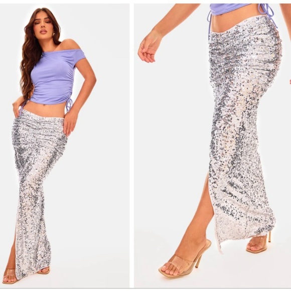 NWT PrettyLittleThing Black Sequin Ruched Waist Maxi Skirt - Picture 7 of 7